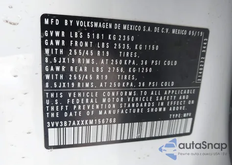 2019 Volkswagen Tiguan 2.0T Se/2.0T Sel/2.0T Sel R-Line/2.0T Sel R-Line Black z USA, uszkodzony, nr VIN 3VV3B7AXXKM156768